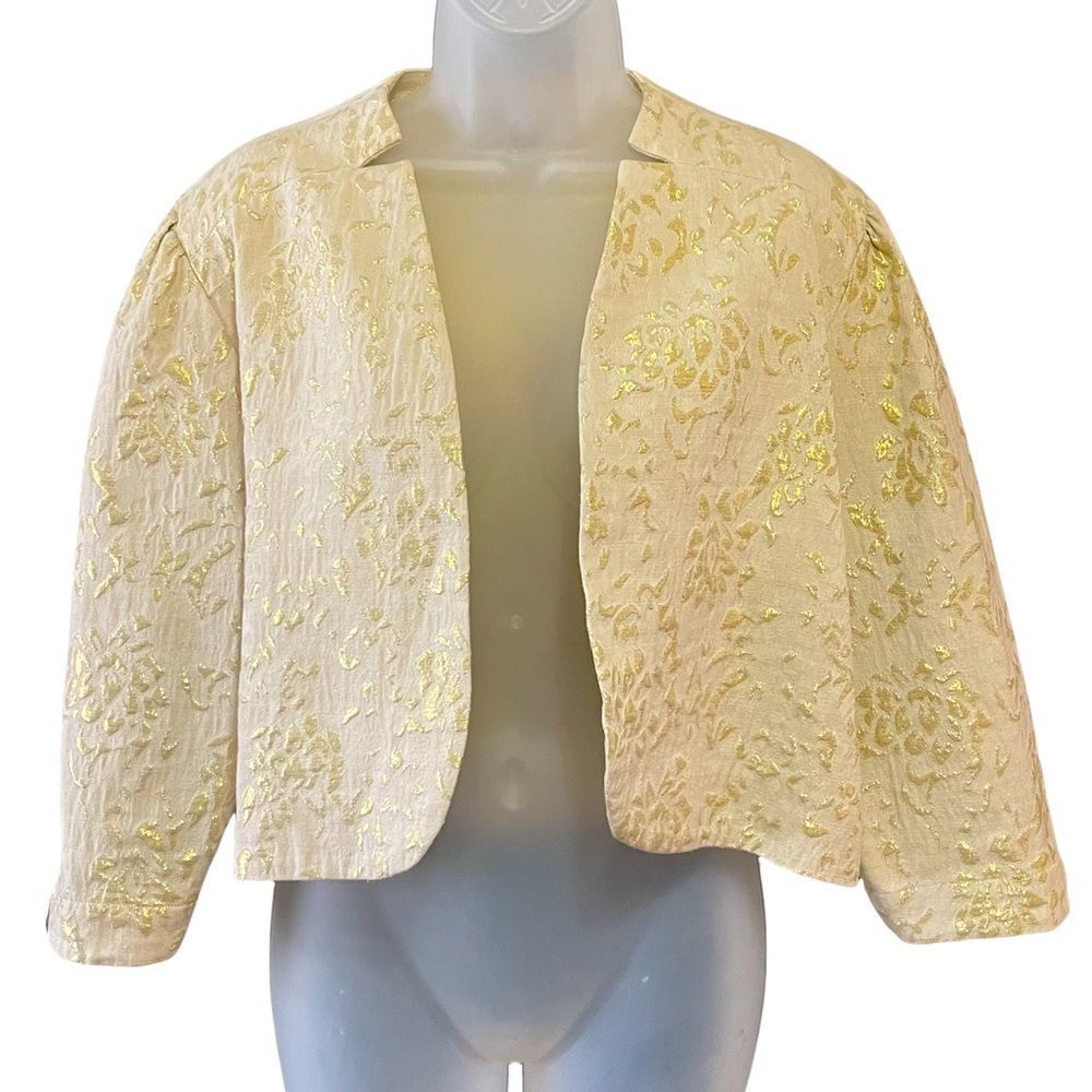 Chico’s size 2 woman’s sz L/12 gold metallic 55% silk cropped blazer 3/4 sleeve